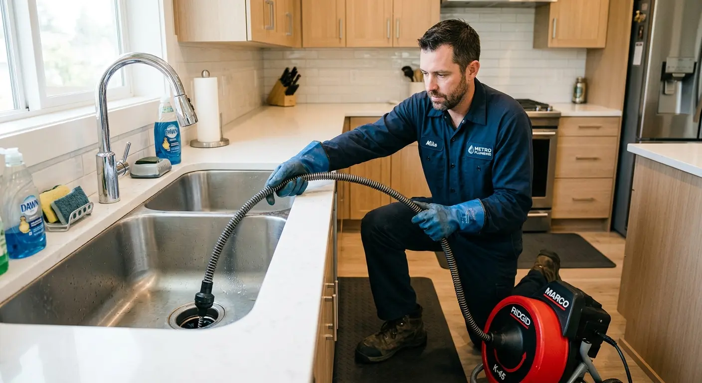 Drain cleaning technician using a motorized snake on a kitchen sink in Edwards