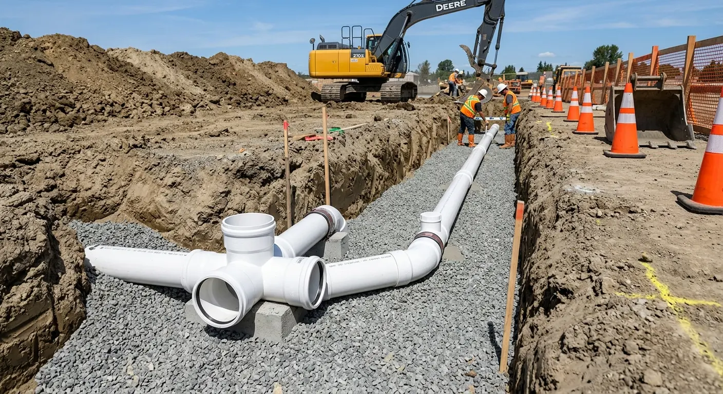 New PVC sewer pipe installation in open trench for Sewer Backup in Edwards