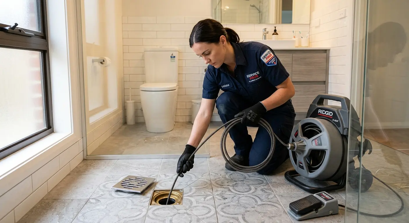 Technician clearing a bathroom floor drain for Hydro Jetting in Edwards